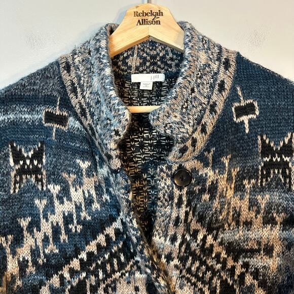 J.Jill Sweater Coat SZ MP Blue Aztec Boho Duster Long Cardigan Southwestern EUC - Picture 4 of 9